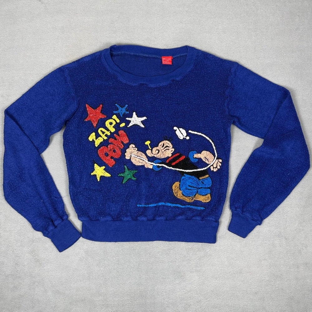 Vintage 80s Popeye Chenille Sweater Zap Pow Boucle Knit Crewneck Cropped S